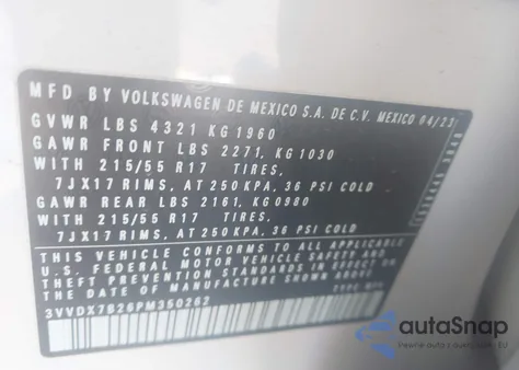 2023 Volkswagen Taos 1.5T S из США, поврежденный, VIN 3VVDX7B26PM350262